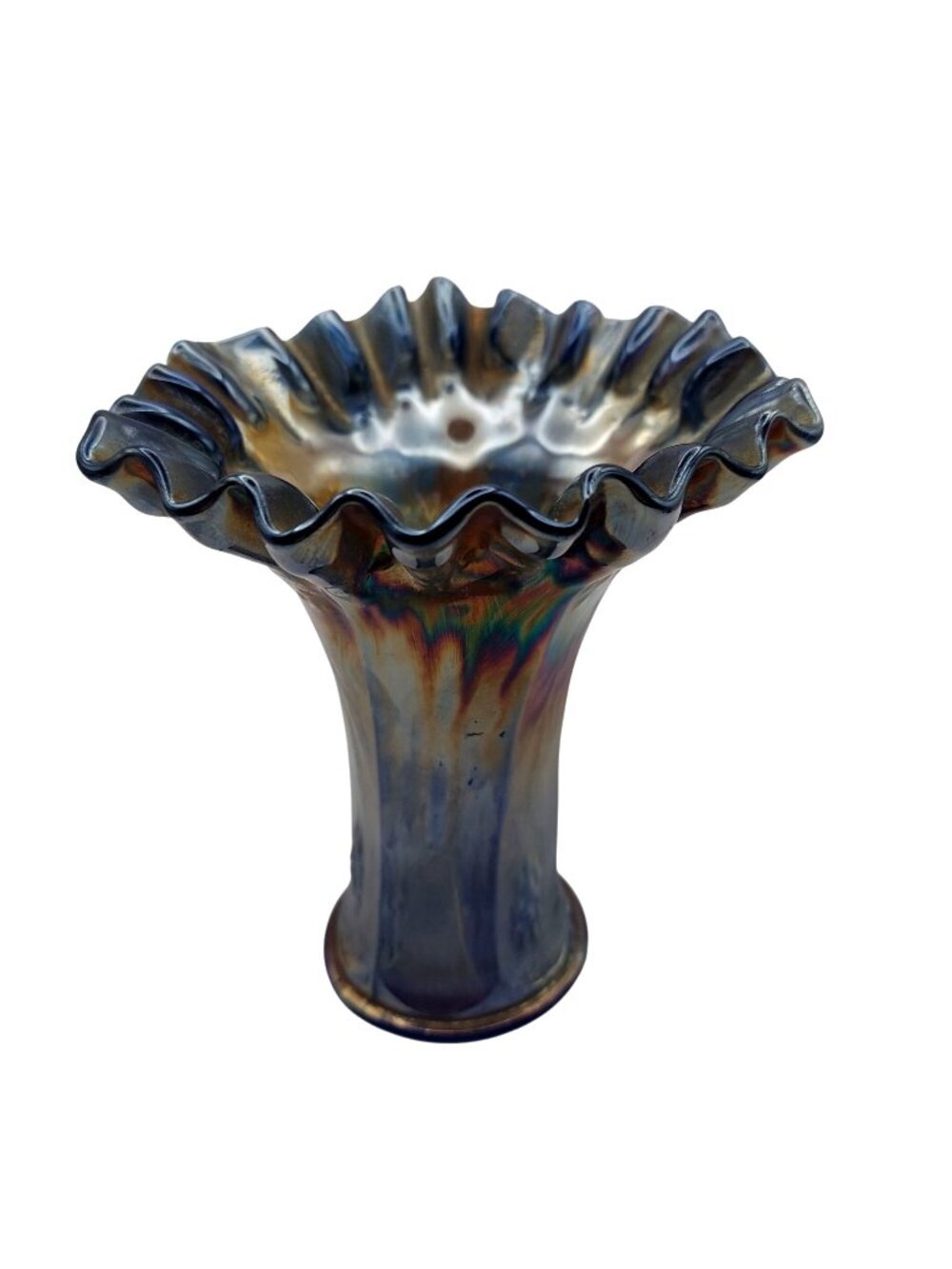 Fenton Carnival Glass Vase 5.5" Knotted Beads Cobalt Blue Candy Ribbon Edge 1915